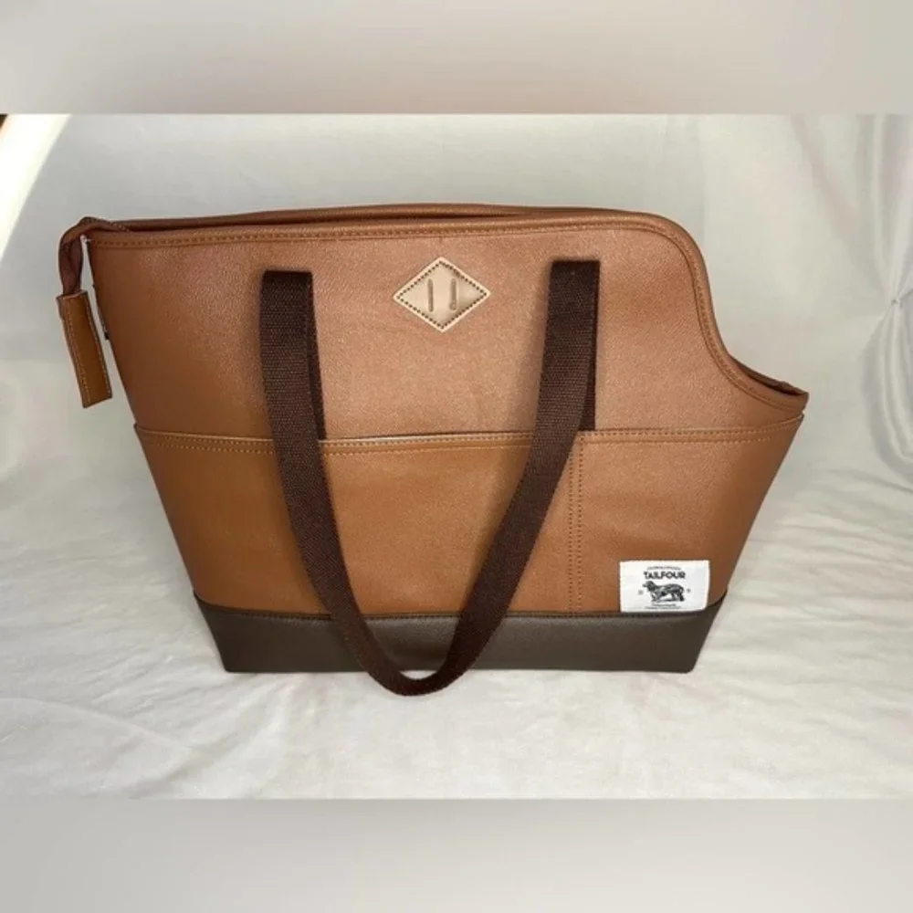 Tailfour Dog Bag Carrier Brown Leather with External Pockets and Handles